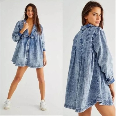 NEW! Free People Charlie Denim Shirt in LIGHT INDIGO (M) | eBay US