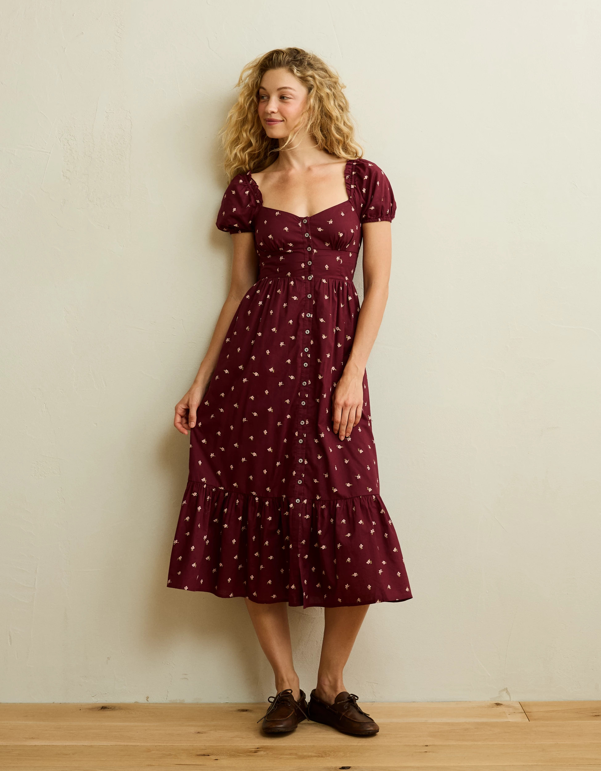 New AE Short-Sleeve Smocked Midi Dress 100% Cotton | American Eagle Outfitters (US & CA)