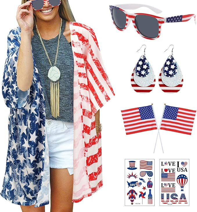 4th of July Women's American Flag Print Kimono Cover Up Cardigan with Accessories | Amazon (US)