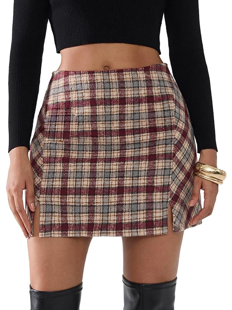 EXLURA Women's Fashion Faux Wool Mini Skirt High Waisted Y2K Trendy Side Slit Tweed Plaid Skirts ... | Amazon (US)