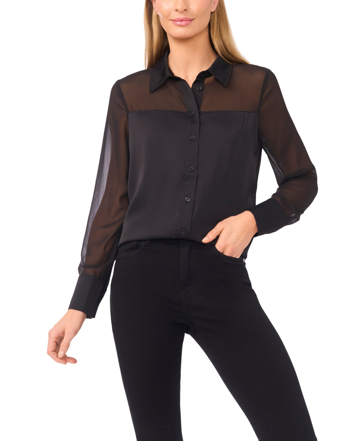CeCe Women's Sheer Combo Button Down Long-Sleeve Top - Rich Black | Macy's