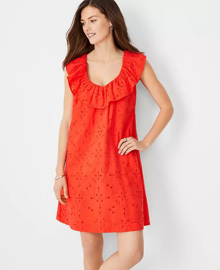 Eyelet Ruffle Neck Shift Dress | Ann Taylor | Ann Taylor (US)