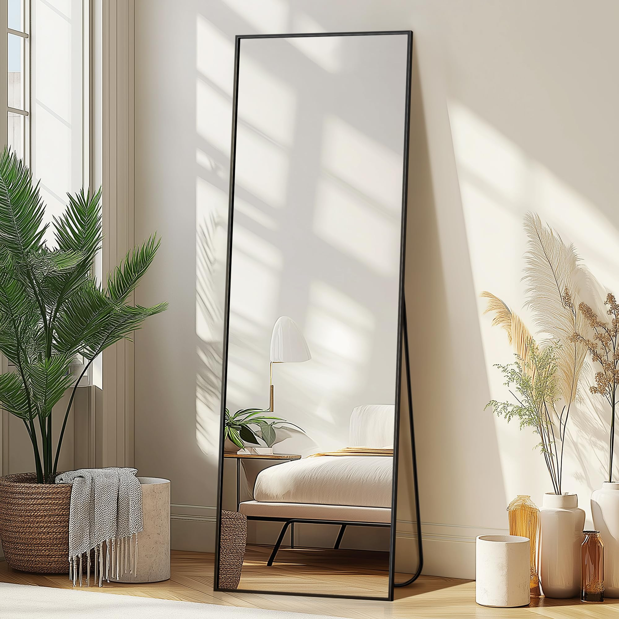 Delma Wall Full Length Mirror,Standing Mirror Full Body,Large Floor for Wall Door Bedroom Bathroom Living Room with Aluminium Frame(with Stand,56x15-Black) | Amazon (US)