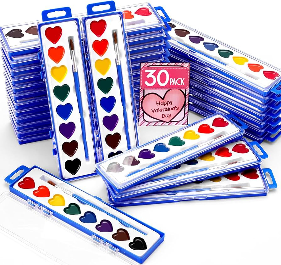 30 Pack Heart Watercolor Paint Set,8 Colors Washable Valentines Water Color Paint Set for Kids wi... | Amazon (US)