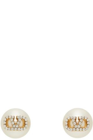 Gold Pearl & Crystal VLogo Stud Earrings | SSENSE