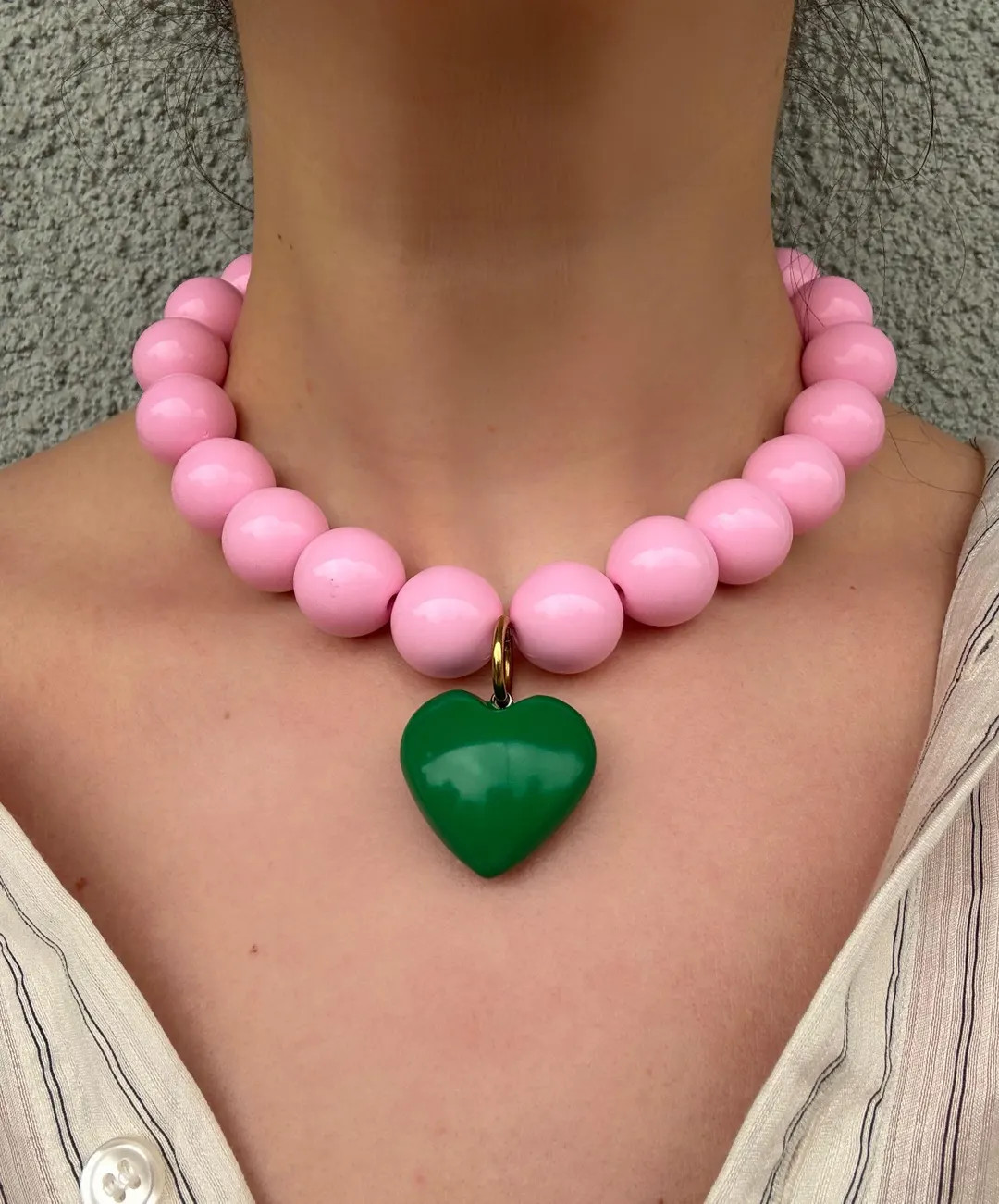 Pink Chunky Bubblegum Bead Necklace with green heart pendant: statement colorful choker | Etsy (US)