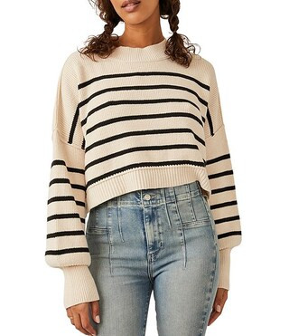 Easy Street Stripe Print Mock Neck Long Sleeve Cropped Pullover Top | Dillard's