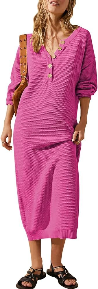 Pink Queen Women's 2023 Fall Sweater Dresses Button V Neck Batwing Long Sleeve Oversized Waffle K... | Amazon (US)