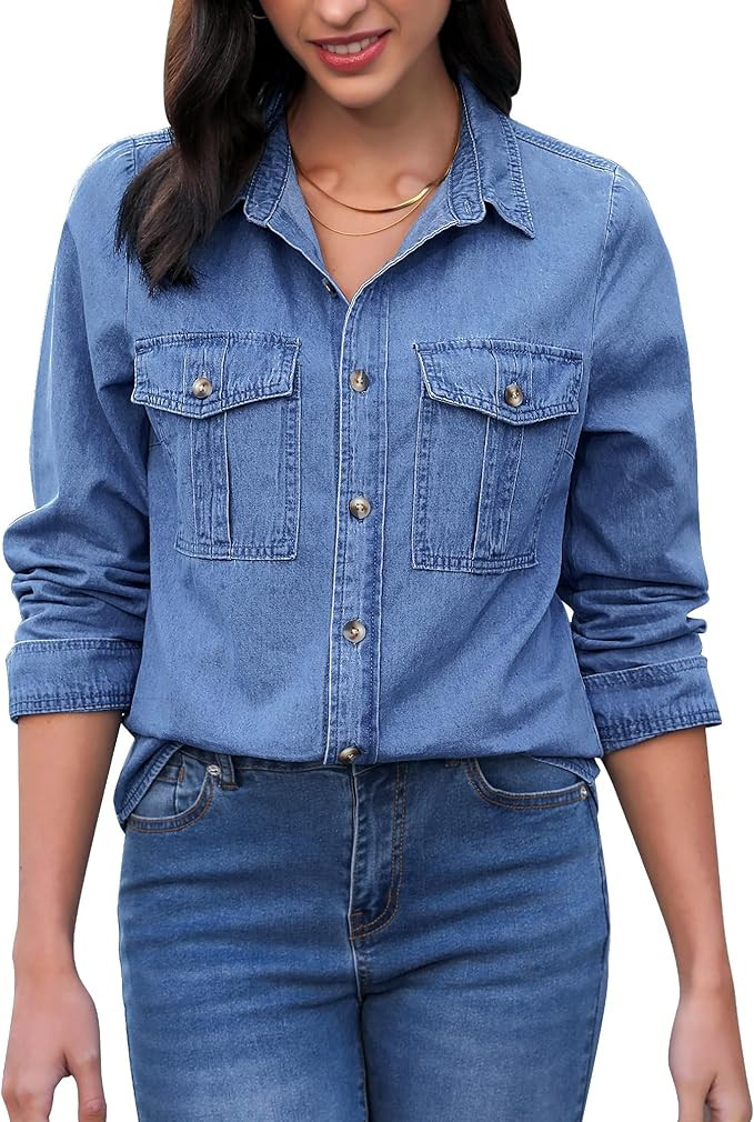 GRAPENT Denim Button Down Shirts for Women Long Sleeve Western Top Casual Cotton Relaxed Fit Jean... | Amazon (US)