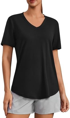 PINSPARK Soft Workout Tops for Women Short Sleeve V Neck Moisture Wicking UPF 50+ Sun Protection ... | Amazon (US)