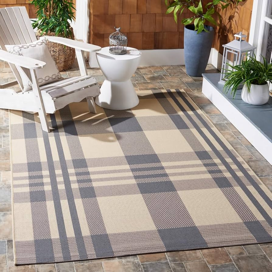 SAFAVIEH Washable Rug Outdoor Courtyard Collection - 4' x 5'7", Grey & Bone, Plaid Pattern, Non-S... | Amazon (US)