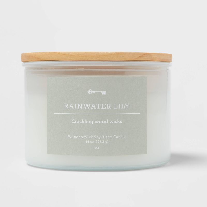 Milky White Glass Woodwick Candle with Wood Lid and Stamped Logo Rainwater Lily - Threshold™ | Target