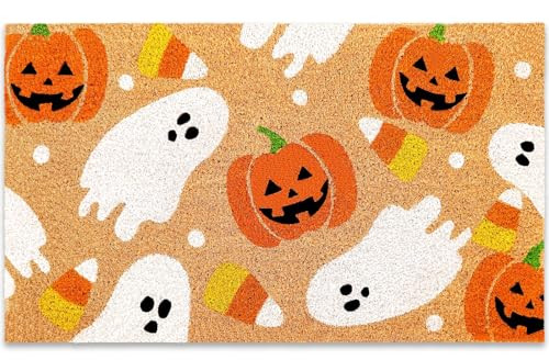 JarThenaAMCS Halloween Natural Coir Doormat Ghost Pumpkin Bat Candy Welcome Floor Mat Non-Slip Entrance Door Rugs for Indoor Outdoor Bathroom Porch Decor, 16.5 x 29 Inch | Amazon (US)