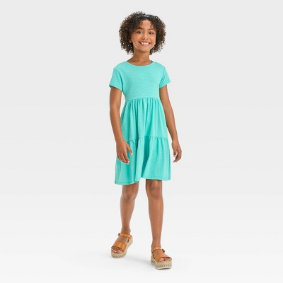 Girls' Short Sleeve Open Back Tiered Knit Dress - Cat & Jack™ Turquoise Blue S | Target