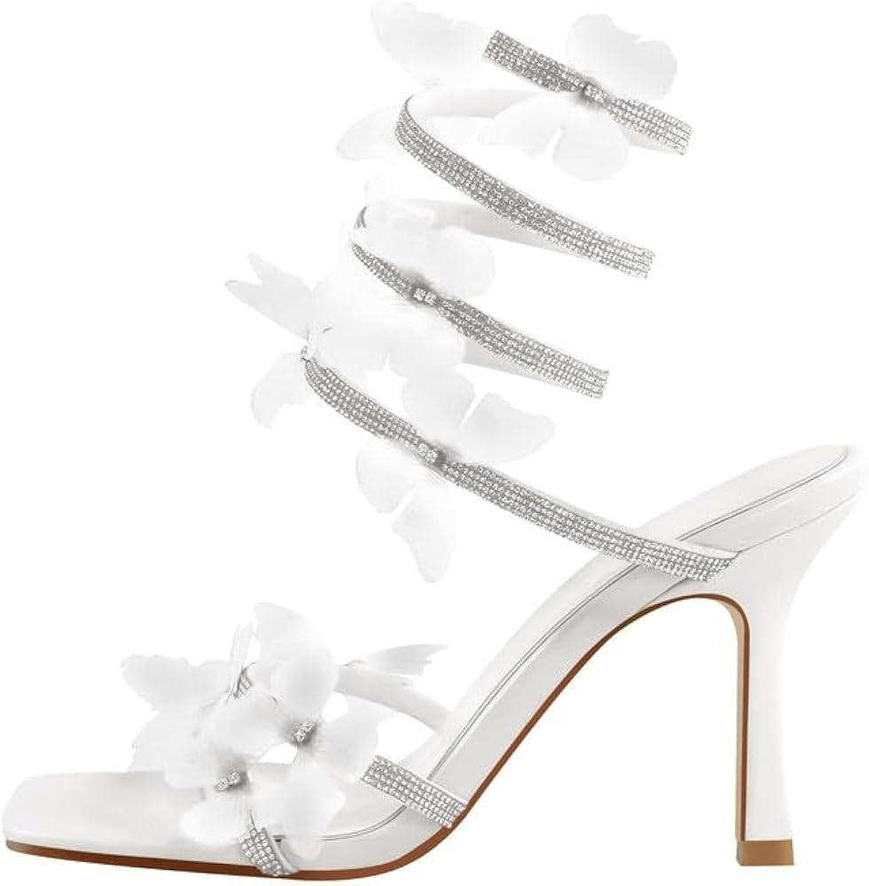 Women's Rhinestone Ankle Wrap Lace Up Heels with Flower Butterfly Open Toe Stiletto Strappy High ... | Amazon (US)