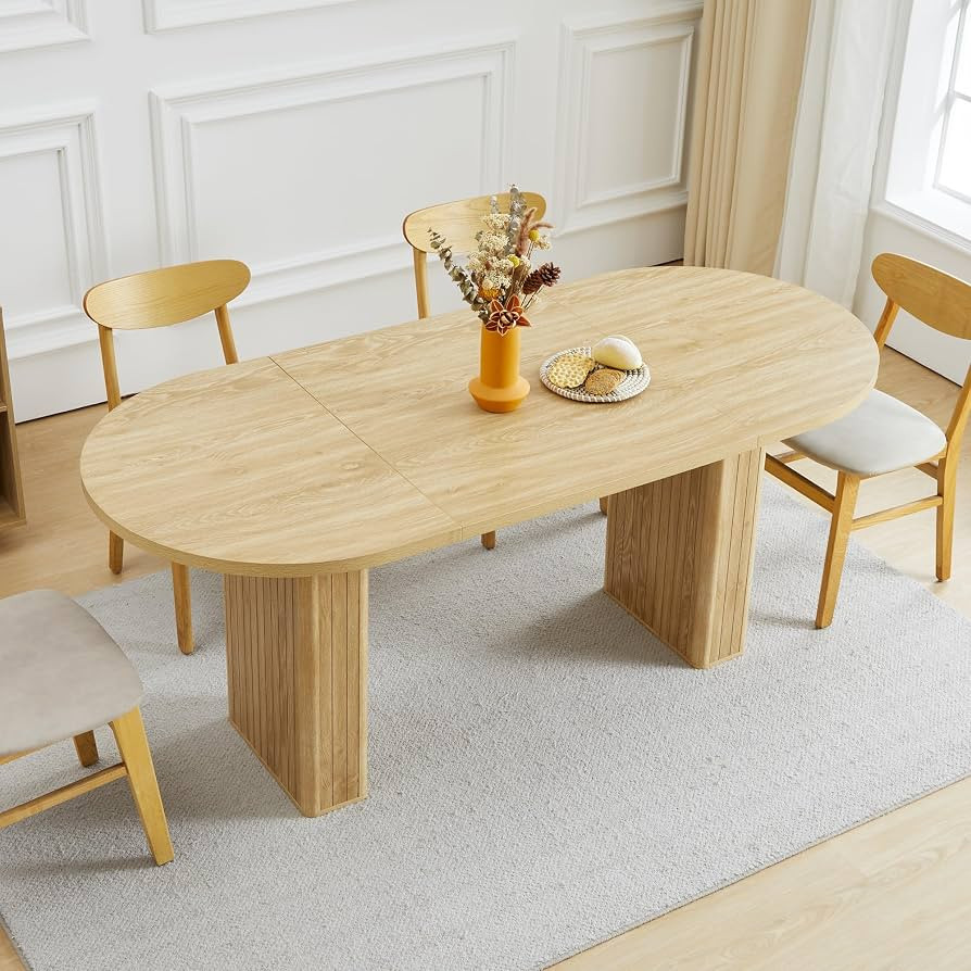70.8 Inch Kitchen Dining Table for 4-6 People, Oval Kitchen Table with Wood Strip Base, Modern Fa... | Amazon (US)