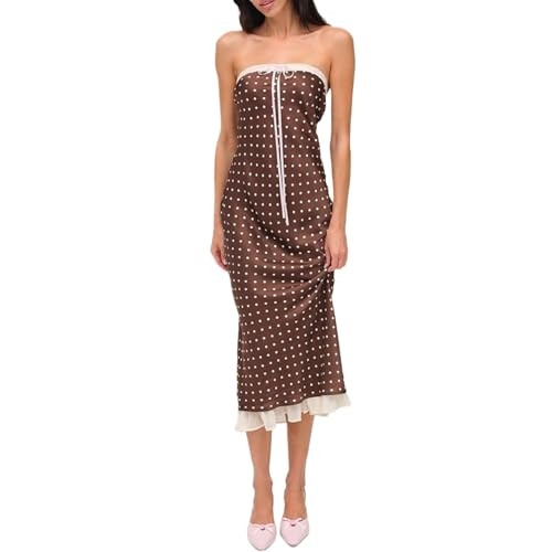 Polka Dot Dress Women Tube Top Long Satin Dress Strapless Backless Summer Maxi Dresses Vacation Coquette Clothes (Brown Polka Dot,Small) | Amazon (US)