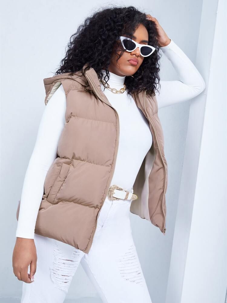 SHEIN Plus Zipper Hooded Vest Puffer Coat | SHEIN