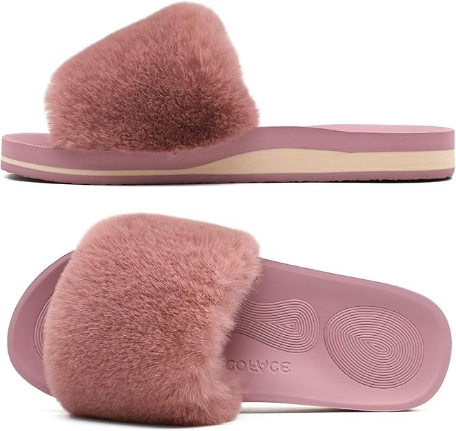 COFACE Womens Sliders Plush House Slippers Flat Sandals for Women Memory Foam Fuzzy Open Toe Slip... | Amazon (US)