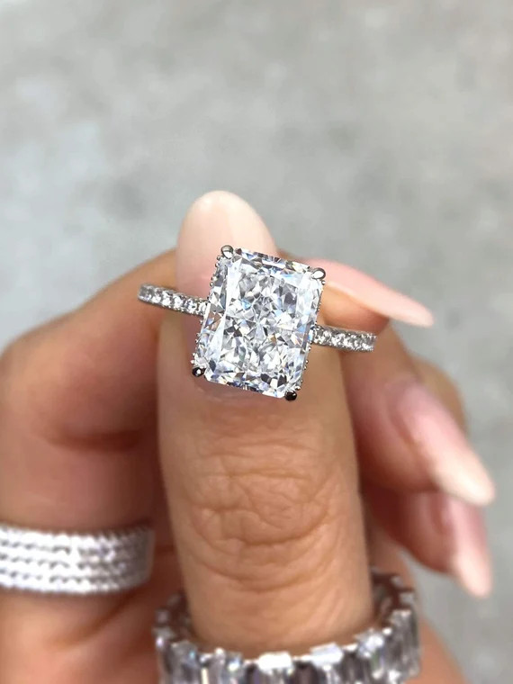 4.5 Carat Halo Engagement Ring, Radiant Cut Simulated Diamond, Statement Ring, 925 Sterling Silve... | Etsy (US)