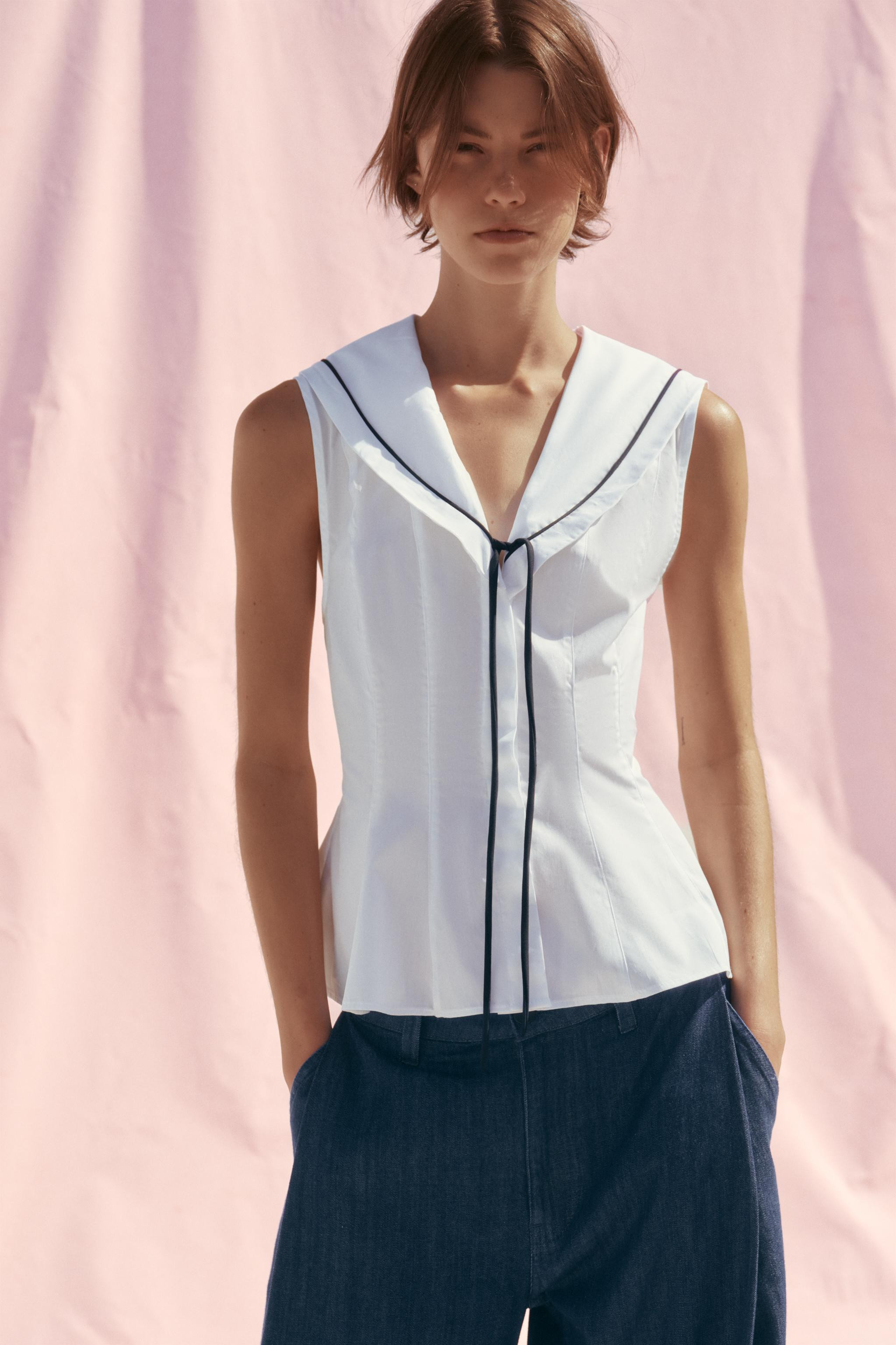 V-neck top with sailor collar. Contrasting trim and tie detail. Sleeveless. Front button closure ... | Zara US