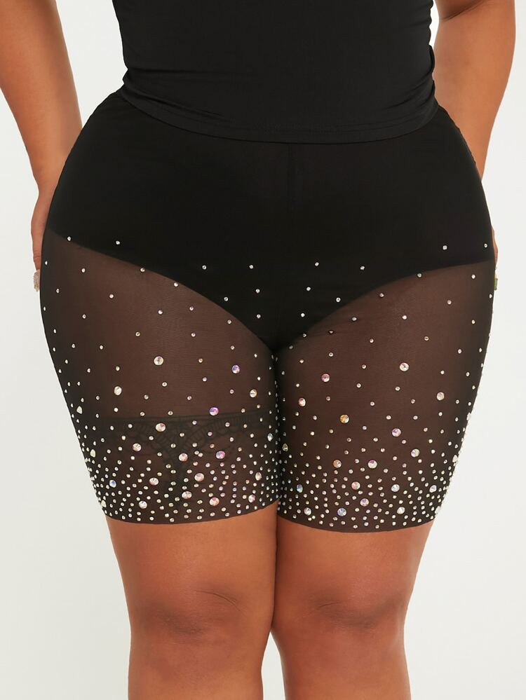 SHEIN X Priscilla Block Plus Rhinestone Mesh Biker Shorts | SHEIN