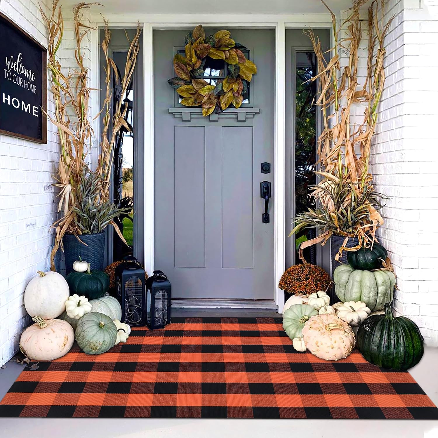 Orange and Black Plaid Rug, 4' x 6' Fall Outdoor Front Door Decor Mat, Cotton Washable Hand-Woven Rug for Layered Doormat, Autumn Halloween Thanksgiving Carpet for Porch, Entryway | Amazon (US)