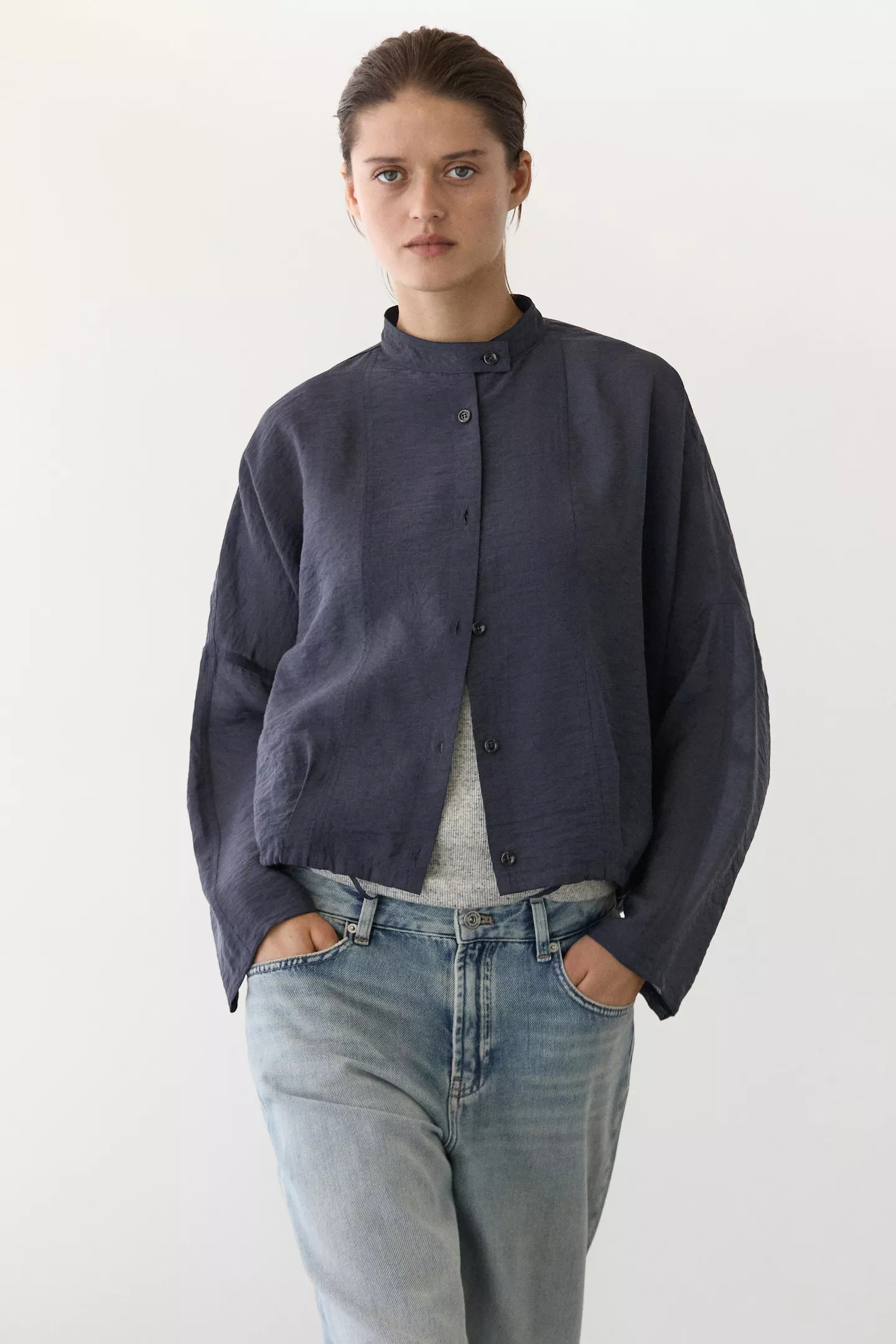 Stand collar bomber jacket with button details | Massimo Dutti UK