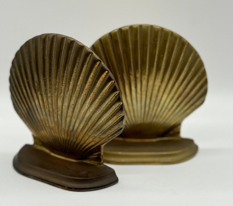 Vintage Seashell Brass Bookends, Pair Boho Cottage Beach Scallop Shell Decor - Etsy | Etsy (US)