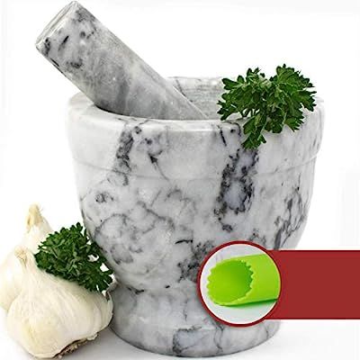 Mortar and Pestle Set - Polished White and Grey Marble Bowl with Bonus Garlic Peeler | Great for ... | Amazon (US)