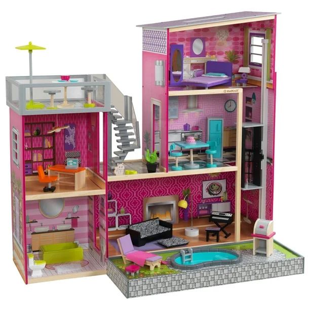 KidKraft Uptown Wooden Dollhouse with Lights & Sounds, Pool and 36 Accessories - Walmart.com | Walmart (US)