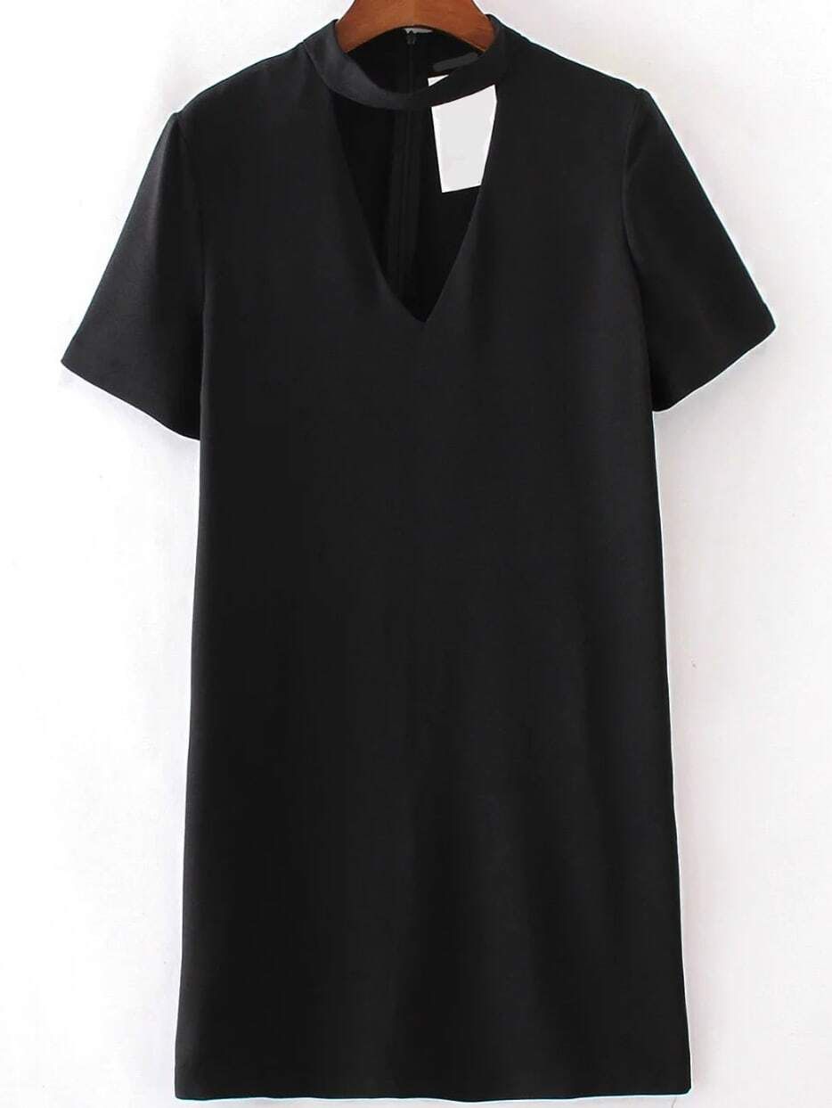 Black Choker V Neck Short Sleeve Dress | Romwe