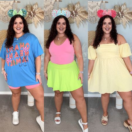 Disney themed amusement park outfits 🏰🐭🎆 Oversized graphic tee + biker shorts, workout tank top + skort, a gf the shoulder romper. Spring/Summer colorful outfits, curvy approved. 
Graphic tee: 3X (size up for oversized)
Shorts: XL
Tank top: XXL
Skort: XL
Romper: XL, tall 
Mickey ears custom from a small business on Etsy. Exact styles are sold out, linking similar options from seller
#disneyoutfits 

#LTKstyletip #LTKSeasonal #LTKplussize