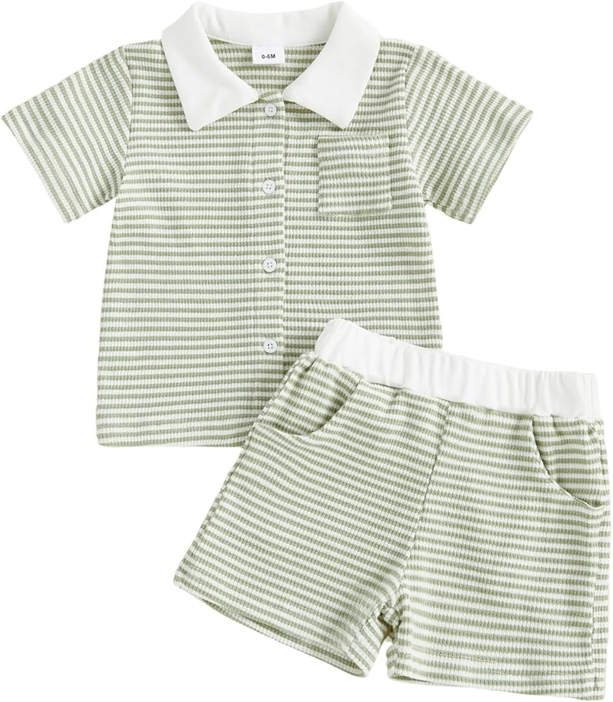 fhutpw Baby Toddler Boy Clothes Striped Button Down Shirt Tops + Elastic Waist Shorts Infant Boys... | Amazon (US)
