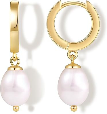 Fiusem Pearl Drop Earrings for Women, 14K Gold Plated Small Huggie Hoops with Pearl Dangle Earrin... | Amazon (US)