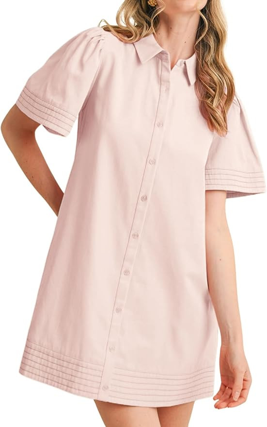 Womens Short Sleeve Button Down Mini Shirt Dress Lapel Collar Short Dresses with Pocket | Amazon (US)