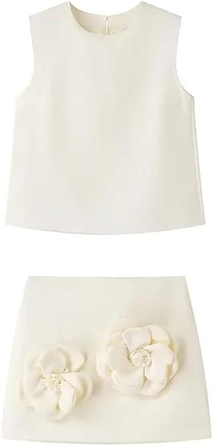 THLAI Summer Women 2 Piece Skirt Sets Sleeveless Crop Tank Top and Mini Skirt Matching with 3D Fl... | Amazon (US)