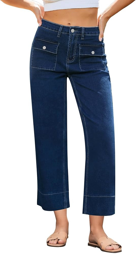 GRAPENT Wide Leg Jeans for Women Trendy High Waisted Straight Leg Cropped Stretchy Denim Pants wi... | Amazon (US)