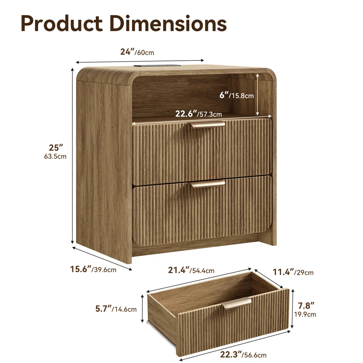 25''H 2-Drawer Nightstand With Charging Station, Modern Fluted Bedside Cabinet For Bedroom, Curve... | Wayfair North America
