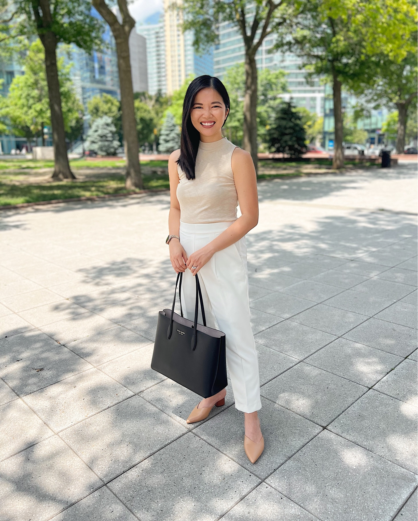 Beige mock neck top (XS)
Beige sleeveless top 
White pants with elastic waist band (XS)
White stretchy pants
Black tote bag 
Kate Spade  All Day tote bag
Brown mule pumps (TTS)
Business casual outfit 
Neutral work outfit 
Summer work outfit 
Ann Taylor outfit 

#LTKunder100 #LTKworkwear #LTKSeasonal