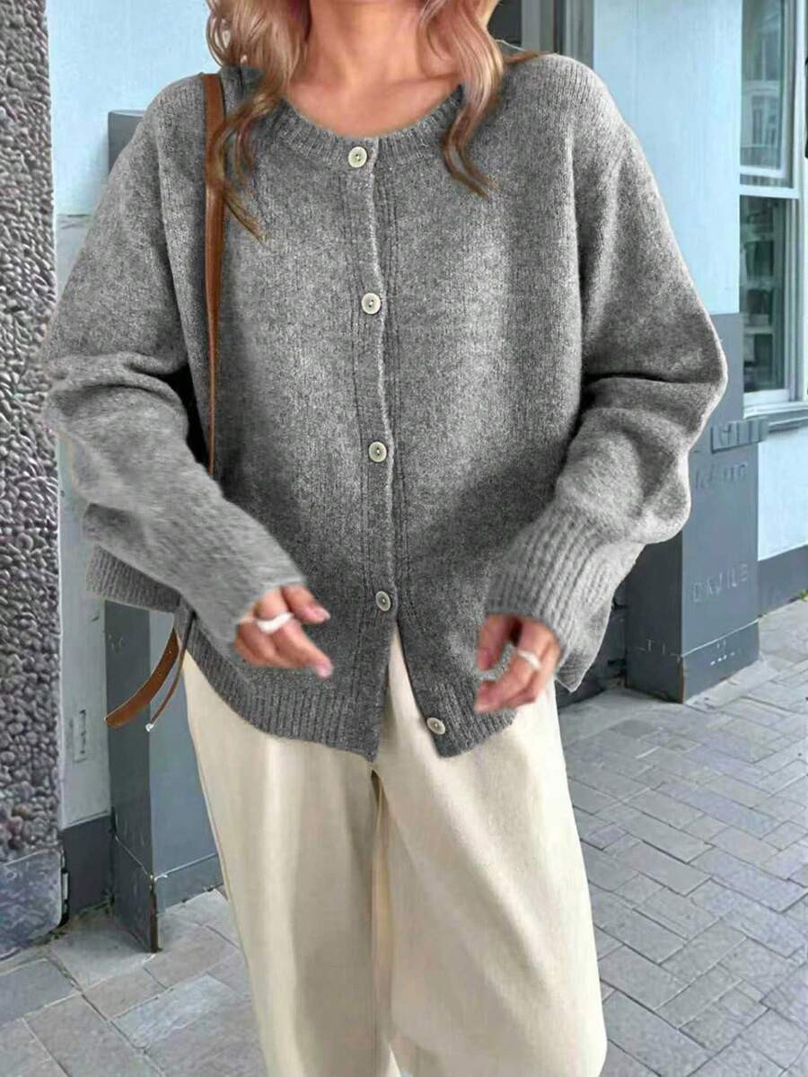 INAWLY Plus Size Women Solid Color Long Sleeve Single-Breasted Casual Knitted Cardigan, Autumn | SHEIN