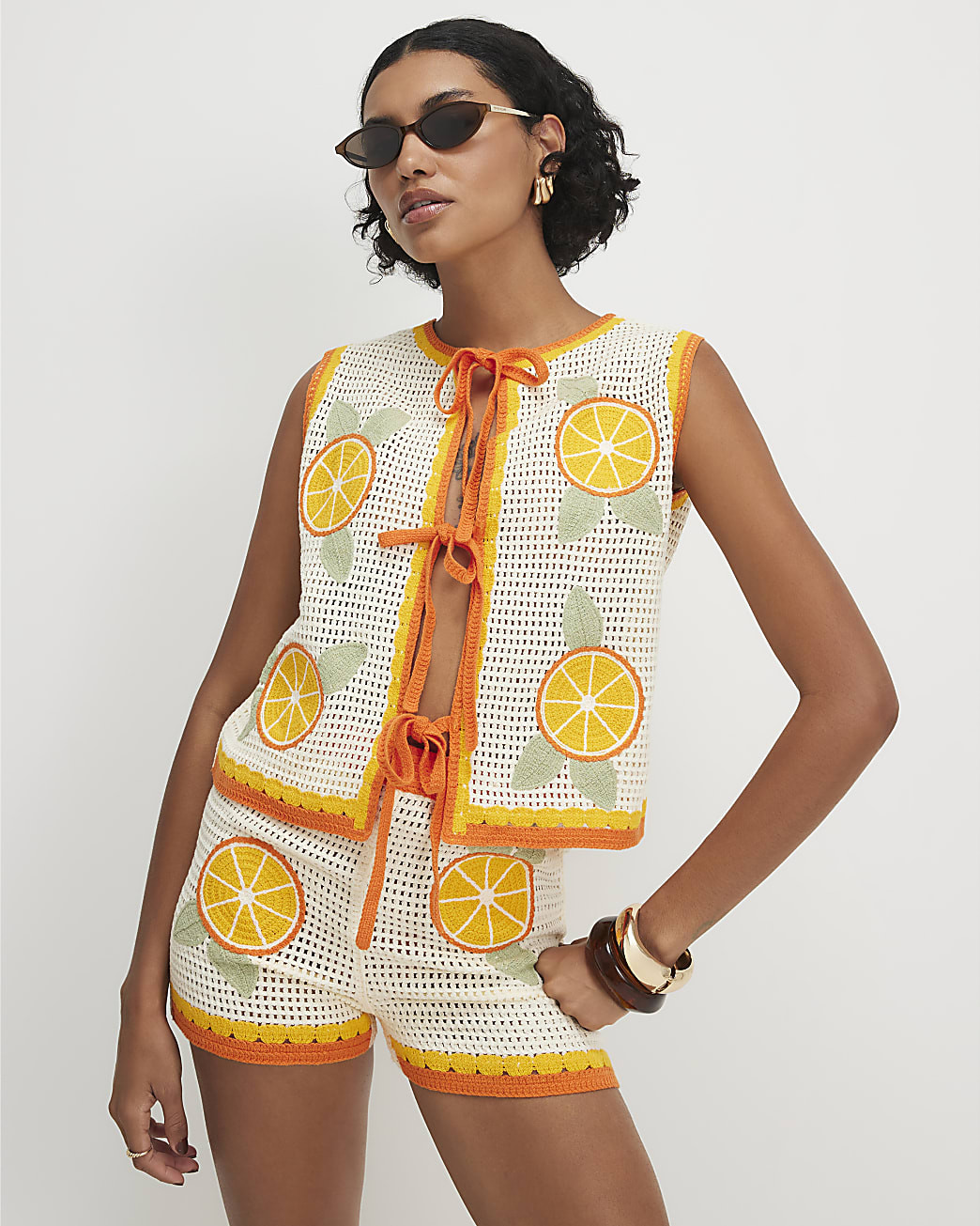 White Crochet Knit Tie Front Top | River Island UK & IE