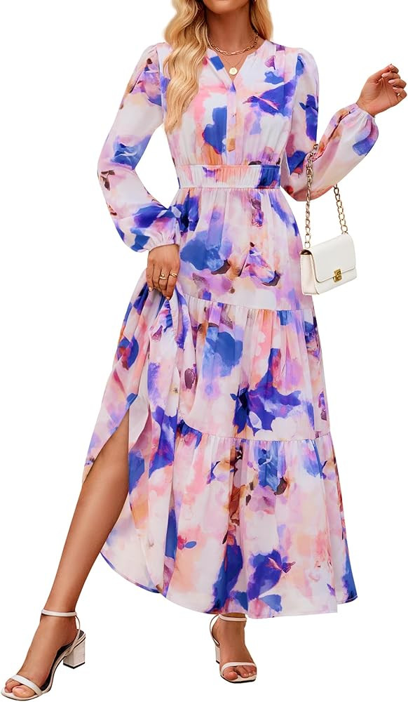 ZESICA Fall Dresses for Women 2026 Long Sleeve Boho Floral V Neck Empire Waist A Line Casual Flow... | Amazon (US)