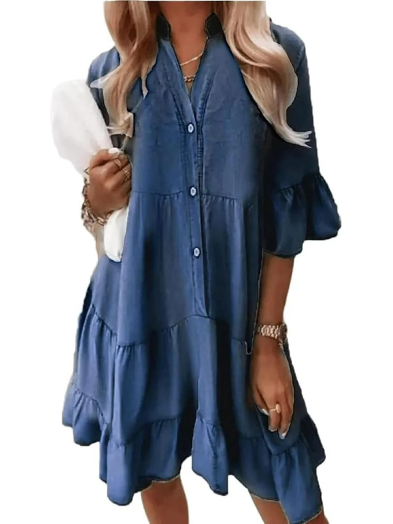 Alltoright V-Neck Ruffle Trim Summer Dress – Lightweight Denim Look, Ladies' Washed Cotton Shor... | Walmart (US)