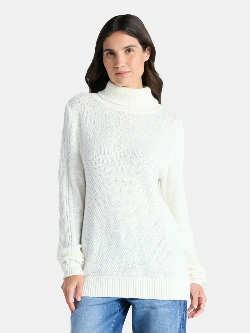 Time and Tru Women’s and Women’s Plus Turtleneck Sweater with Cable Sleeves, Midweight, Sizes... | Walmart (US)