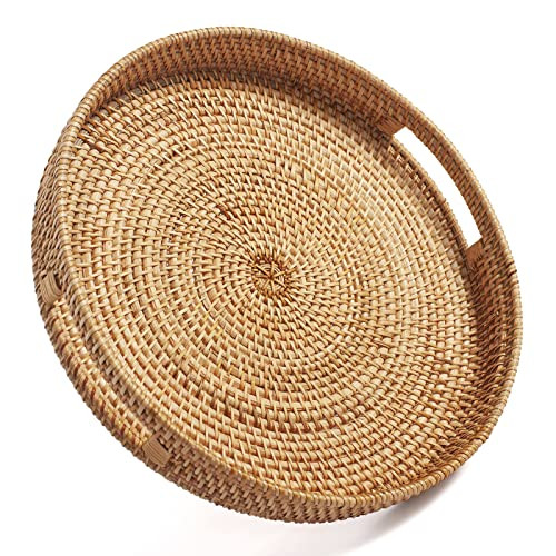 Coffee Table Tray Round Rattan Ottoman Tray Woven Serving Trays with Handles for Home and Kitchen Decorative Natural (Large 14 inch x 2.4 inch) | Amazon (US)