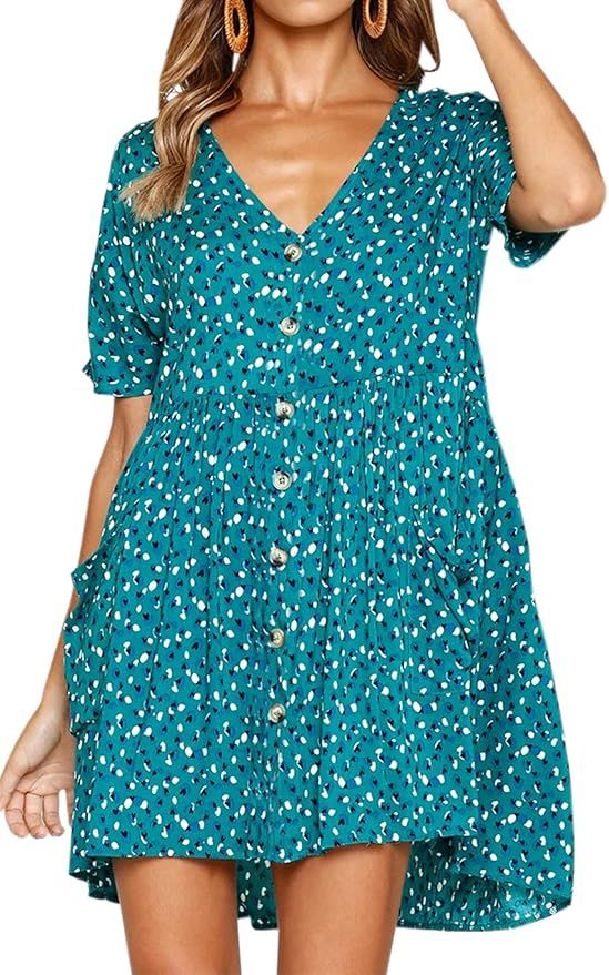 ECOWISH Women's V Neck Button Down Leopard Floral Dress Short Sleeves Loose Top Dresses with Pockets | Amazon (CA)