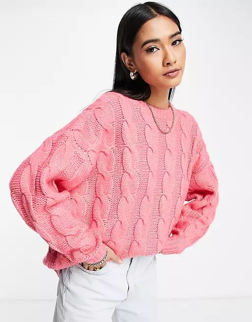 ASOS DESIGN oversized sweater in cable in pink | ASOS (Global)