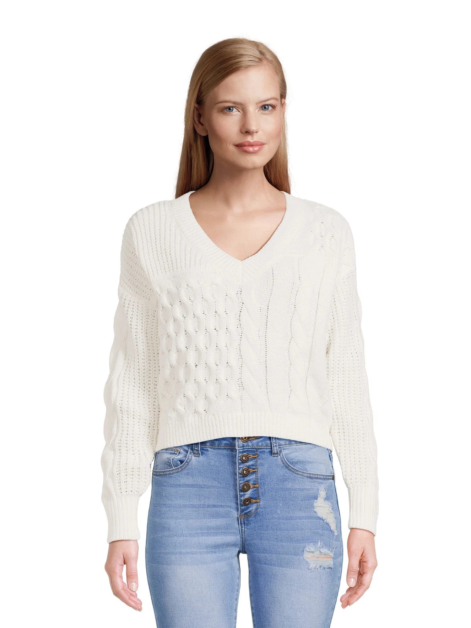 No Boundaries Juniors Patchwork Cable Knit Sweater, Midweight, Sizes XS-XXXL | Walmart (US)