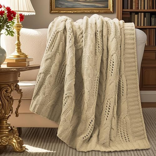 Amélie Home Chunky Knit Throw Blanket, Dual-Sided Soft Chenille Breathable Cable Knitted Blanket for Couch, Farmhouse Decorative Throw for Sofa & Chair, 50"x60", Beige | Amazon (US)